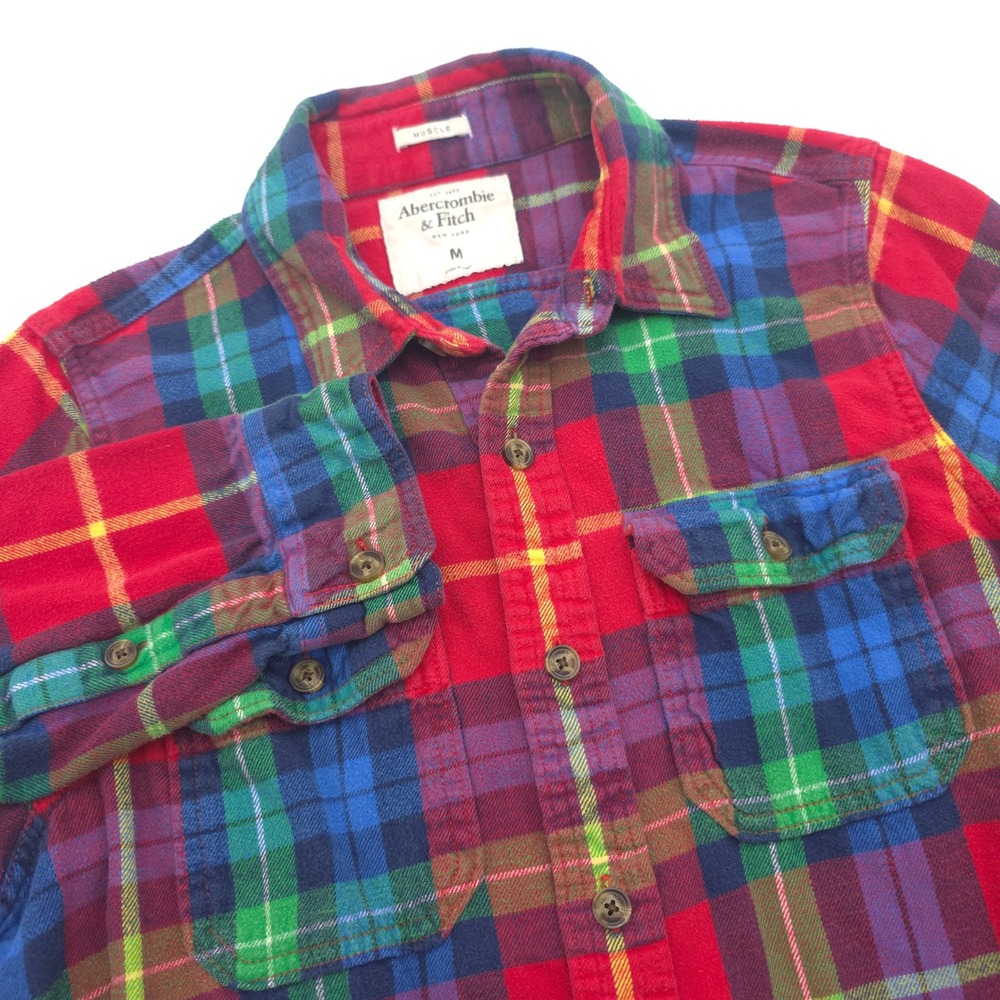 Abercrombie & Fitch Mens Medium Muscle Fit Flannel Shirt Red Blue Green Plaid